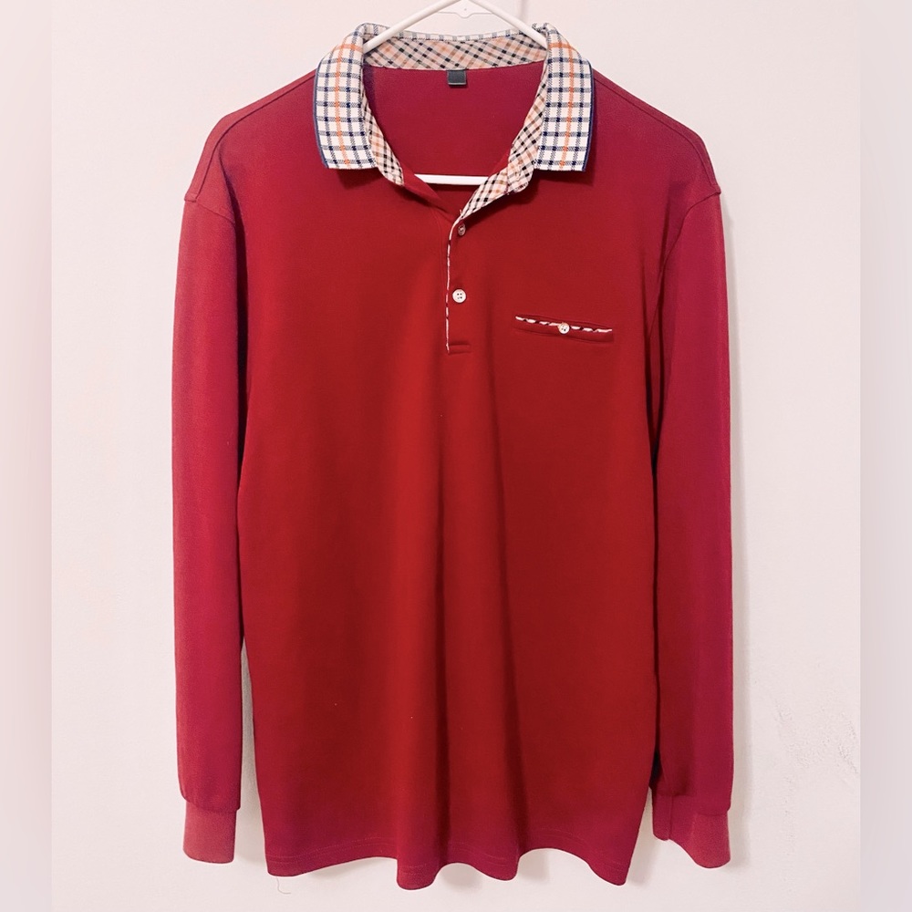 Red Polo Shirt with Checkered Collar